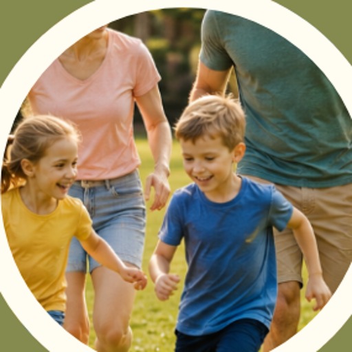 A family running together on the grass
